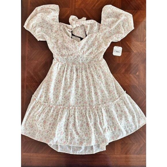 Altar’d State Floral Puff Sleeve Mini Dress Cream Pink Flowers Size M NWT - Picture 5 of 13